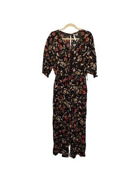 Floral Black Jumpsuit Wide Leg With Cinched Waist & Button Front - Size XL